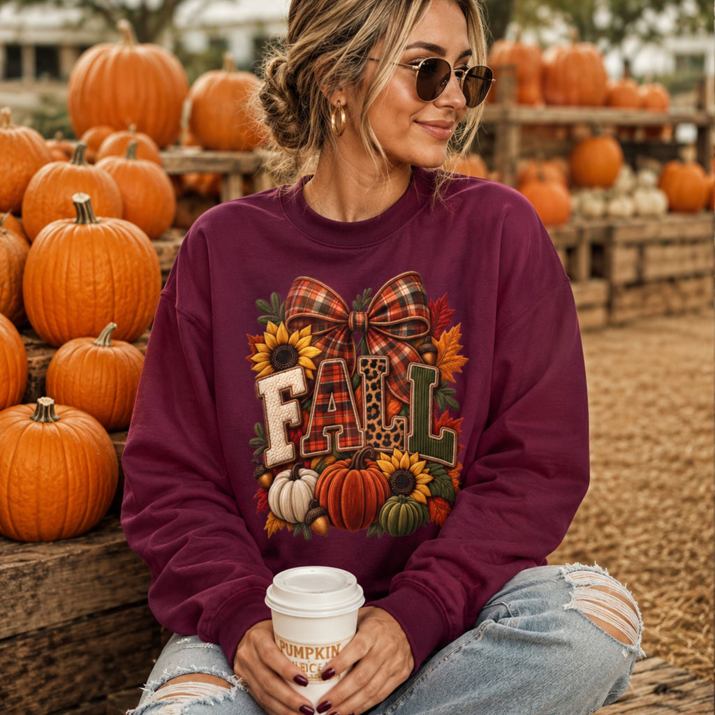 Fall Graphic Sweatshirt - Plaid Bow Pumpkin & Sunflower Crewneck