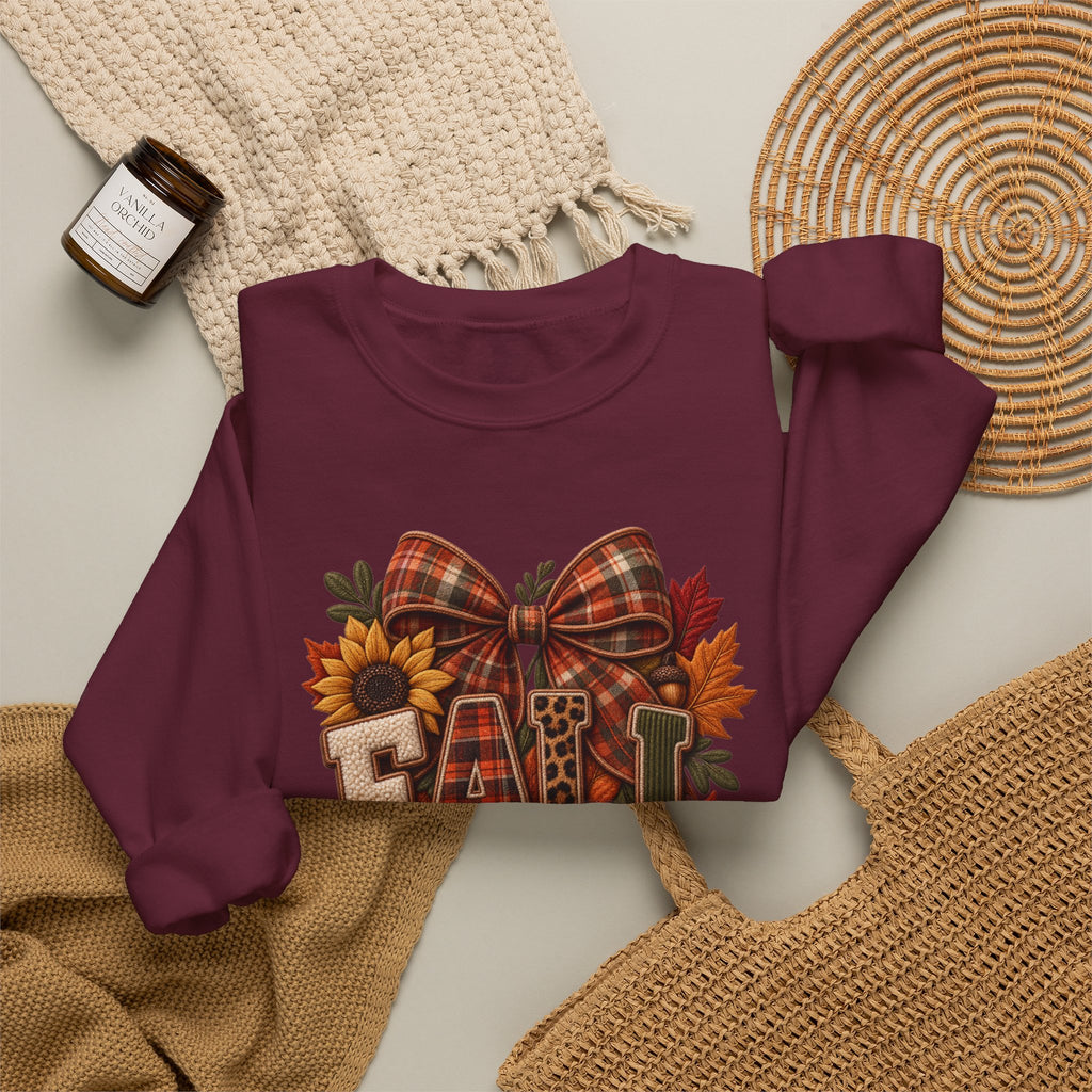 Fall Graphic Sweatshirt - Plaid Bow Pumpkin & Sunflower Crewneck